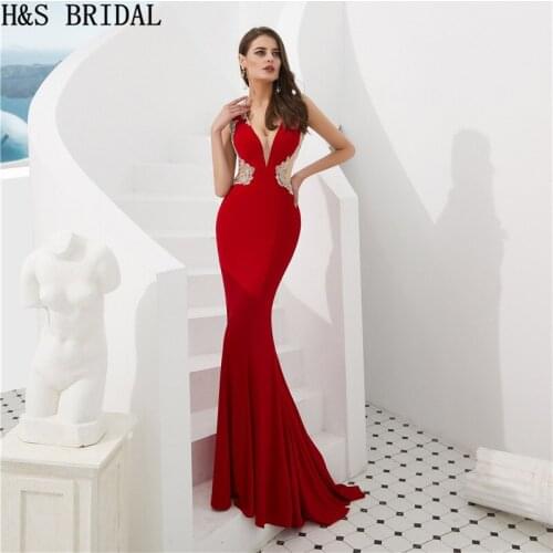 H&S Bridal Red Evening Dresses Fitted Long Sexy Back Women Formal Dress Arabic Luxury Gown Robe De Soiree