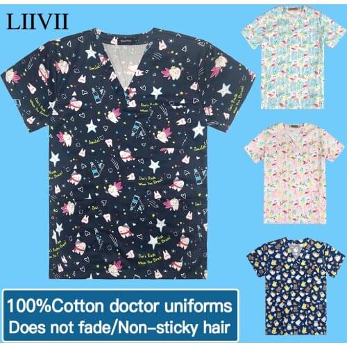 100%Cotoon Pet Grooming Doctor Service Tops Animal Printed Workwear Short Sleeve V-neck Nurse Uniform Dental Clinic Working Tops