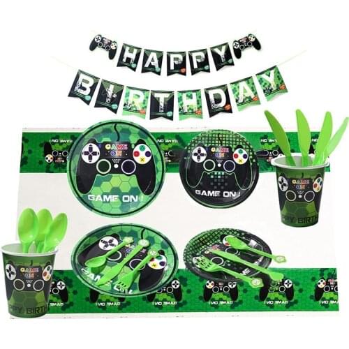 114 PCS Video Game Party Supplies-Gamer Birthday Party Supplies Including Plates,Cups,Napkins and Happy Birthday Banner