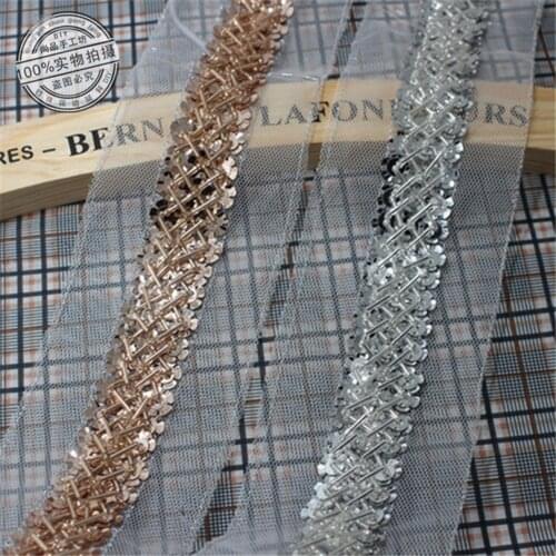 2Yards Champagne Gold Silver Tube Beads Diy Handmade Lace Collar Cuffs Side Vintage Mesh Fabric Paillette Sequin Chemical Lace