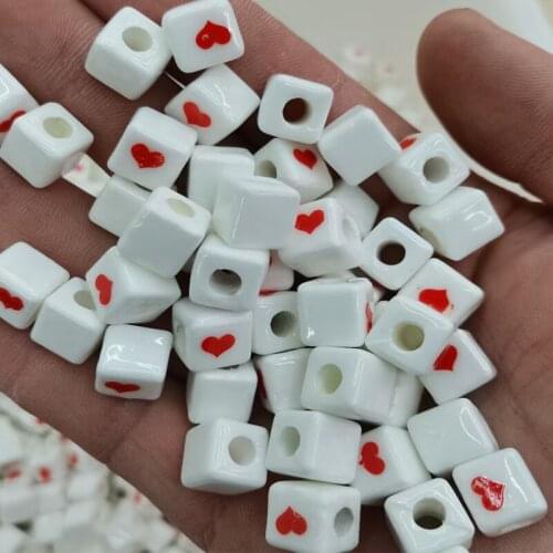 20pcs 10x10mm Square Shape White Red Heart Ceramic Beads For Jewelry Making Loose Spacer Bead DIY Bracelet Necklace Accessories