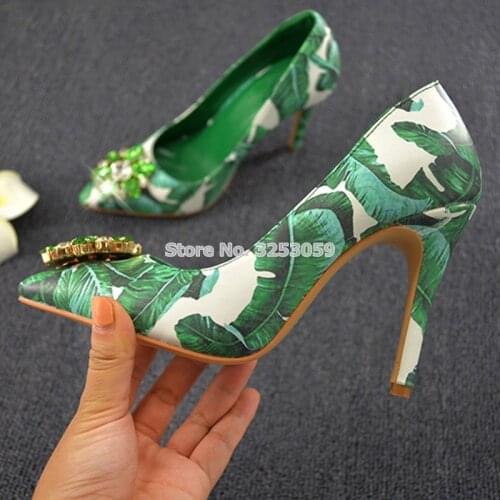 ALMUDENA Women Floral Gem Crystal Green Banana Leafs Pumps Pointed Toe Bling Bling Beaded Flowers Stiletto Heel Wedding Shoes