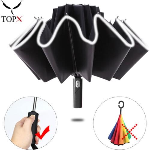 Reflective Stripe Reverse Automatic Umbrella Rain Women Men Business 3Fold Windproof 10 Ribs Car Big Umbrellas Gift Parasol