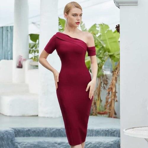 Free Shipping Wholesale Womens Red Wine One-Shoulder Strapless Fashion Boutique Celebrity Cocktail Party Bandage Dress