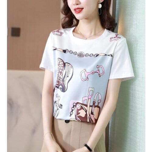 Printing silkworm Work Style OL Blouses Summer Women natural silk shirts Blusas Femininas top Fashion Office lady blouse white