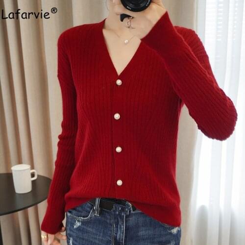 Lafarvie Womens Sweaters 2020 Winter Cardigan Casual Female V Neck Full Sleeve Fashion Oversize Clothe Pull Sweter Warm 4 Colors