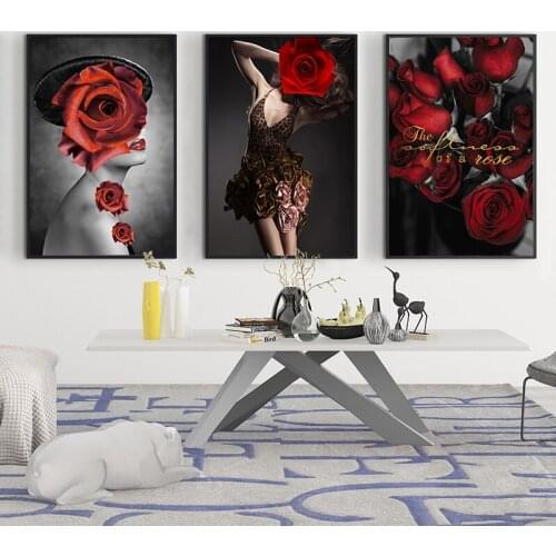 Modern Flower Girl Sexy Wall Art Canvas Painting Red Rose Posters And Prints Art Fashion Wall Pictures For Living Room Decor