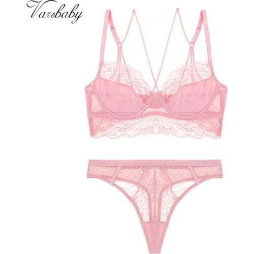Varsbaby sexy deep V unlined hollow underwear 3/4 cup floral lace bras and thongs set for women