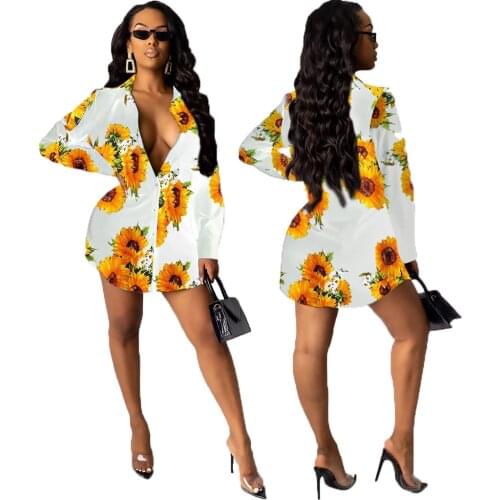 Summer Party Women Mini Dress Print Full Sleeve Turn-down Single Breasted Straight Loose Dresses Sexy Fashion Vestidos Outfits
