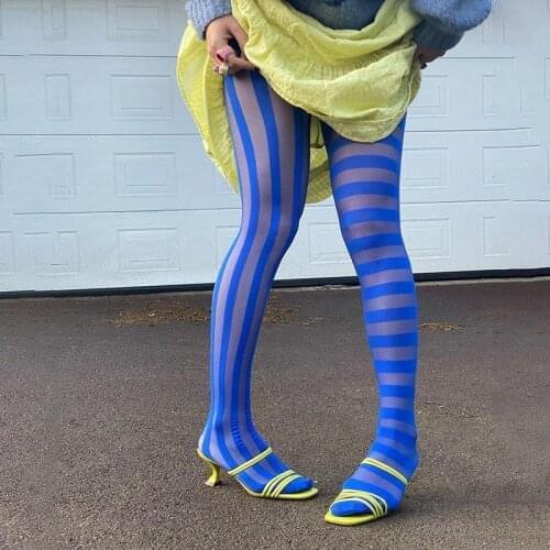 New Women Sexy See Through Pantyhose Vertical and Horizontal Striped Printed Pattern Tights High Stretchy Summer Sexy Stockings