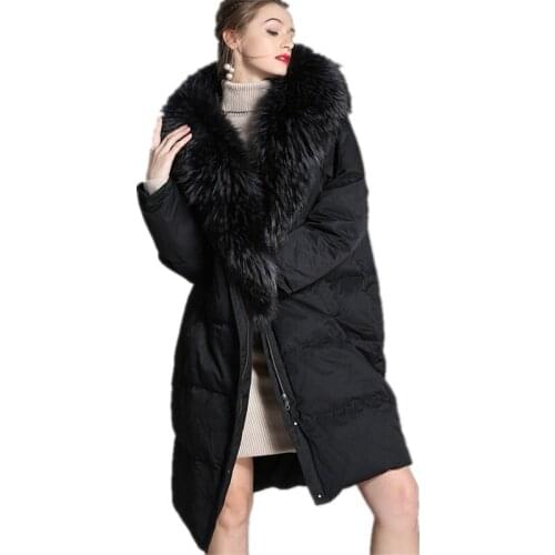 Down jacket female 2018 new winter thicken womens long real fur collar hooded white duck down jacket Black color