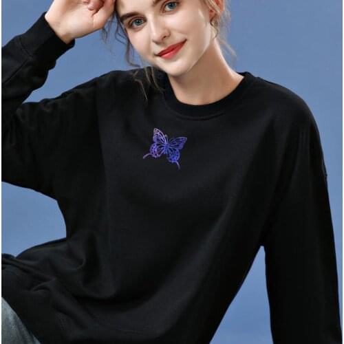 Harajuku Purple Butterfly Sweatshirt Cotton Oversize Chic Hoody Unisex Clothing Vintage Girls Casual Loose Long Sleeve Thin Tops