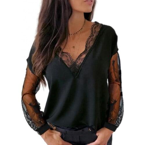 Sexy Women Lace Patchwork See Through T-shirt Tops Long Sleeve V Neck Loose T-shirt Blouse Solid Color Female Clothing 2021 New