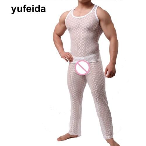 Sexy Men Long Johns Tops Fishnet See Through Sleepwear Nightwear Mesh Underwear Set Long Trousers Pants Slim Fitness Gym Clothes