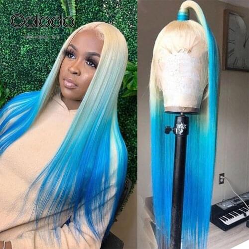 Ombre Blue Straight Lace Front Wig with Baby Hair Pre Plucked Grey Lace Front Human Hair Wigs Transaprent Lace Wigs COLODO
