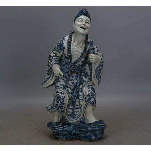 Antique old Chinese porcelain statue,Ji Gong Buddha Sculpturel,blue&white porcelain figurines,Hand painting crafts,Free shipping