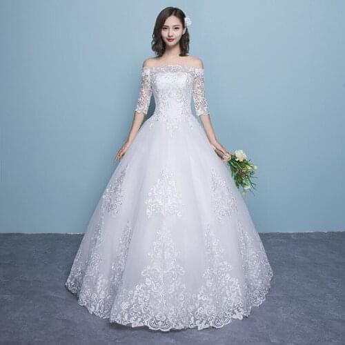 Wedding Dresses Illusion Boat Neck Half Embroidery Off The Shoulder Backless Floor-Length Luxury White Women Bride Gown GB290