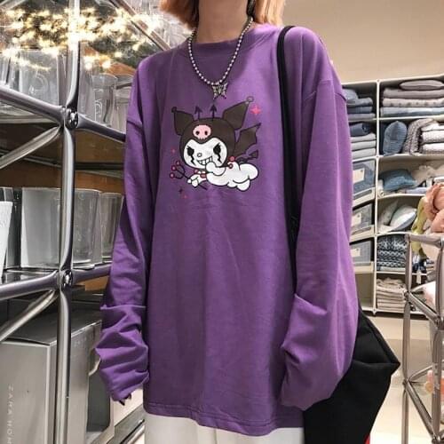 Women Streetwear Devil Print Purple Hoodies Long Sleeve O-Neck Sweatshirt Causal Loose Spring Autumn Tee Top