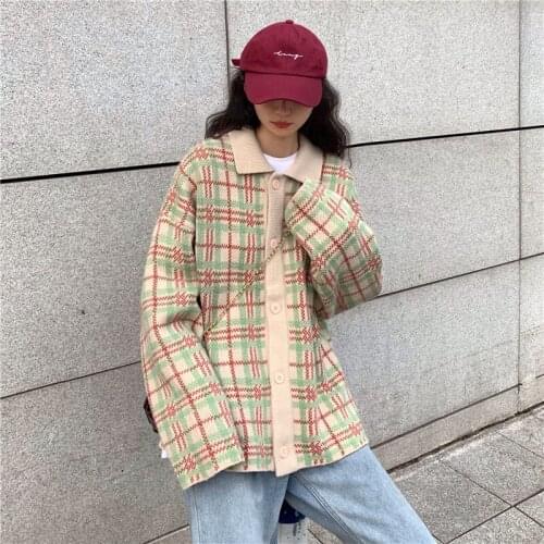 Female Casual Korean Harajuku Loose Vintage Checkered Sweater Womens Sweaters Japanese Kawaii Ulzzang Clothing For Women