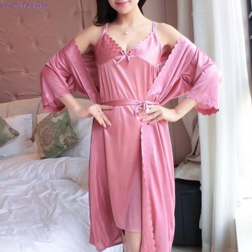 Womens Sexy Pajamas Two-Piece Lace Ice Silk Satin Night Dress Nightgown Homewear Summer Solid Color Sleepwear