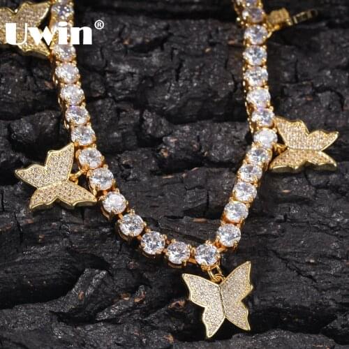 UWIN Women Hiphop Bling Bling Iced Out CZ Tennis Chain 1 Row Butterfly Necklaces Luxury Gold Color Chain Fashion Jewelry