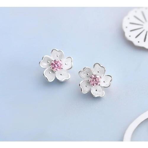 925 Sterling Silver Sweet Cubic Zircon Cherry Blossom Flower Stud Earrings For Women Gift brincos S-E240