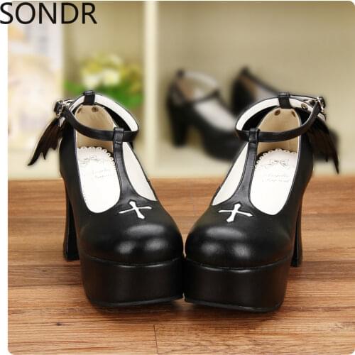 Womens Lolita Round Toe Gothic Cross Punk Pumps Platform Bat Wings Platform High Heel Shoes Creepers Japanese Harajuku Cosplay