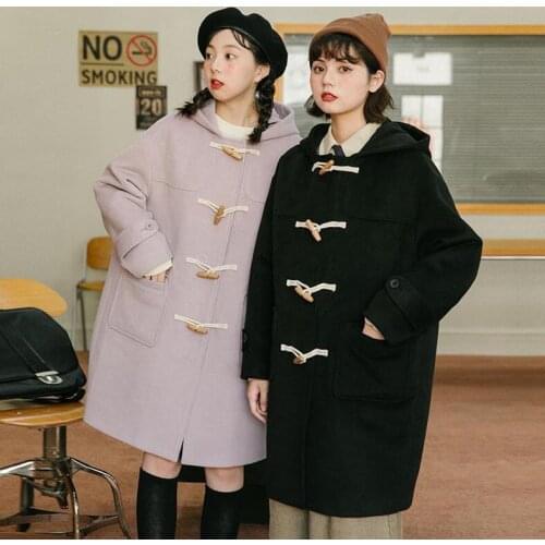 Japanese Retro College Style Loose Horn Buckle Blends Womens Long Hooded Coat Autumn and Winter Thick Coat Woman Parkas