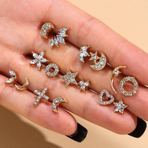 8Pairs Earrings Mixed Styles Rhinestone Earrings Sun Heart Star Moon Cross Stud Earrings Set For Women Girls Jewelry Gift