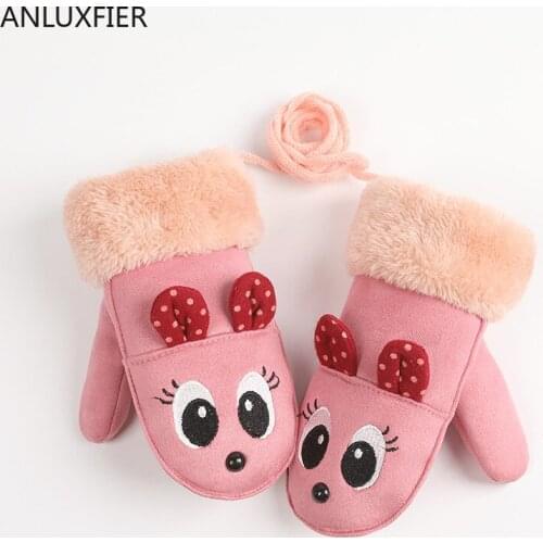 H10004 Children Gloves Winter Men Women Warm Plush Suede Thermal Mittens Child Hang Rope Cute Cartoon Korean Lovely Hand Muff