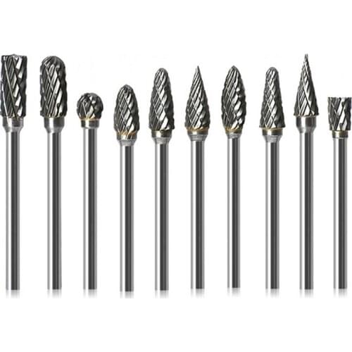 10pc 1/8" Shank Tungsten Carbide Milling Cutter Rotary Tool Burr Double Diamond Cut Rotary Dremel Tools Electric Grinding