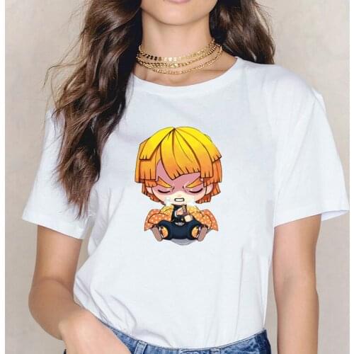Japanese Anime Demon Slayer T Shirt Women Cute Agatsuma Zenitsu & Kawaii Nezuko Printed Tops Harajuku Cartoon Manga Female Tee