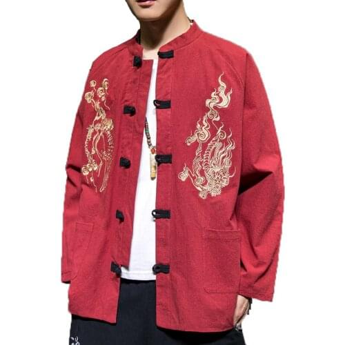 Men Red Kimono Jacket 2020 Men Cotton Jacket Print Frog Closure Button Kongfu Coat Male Loose Cardigan Retro Overcoat M-5XL