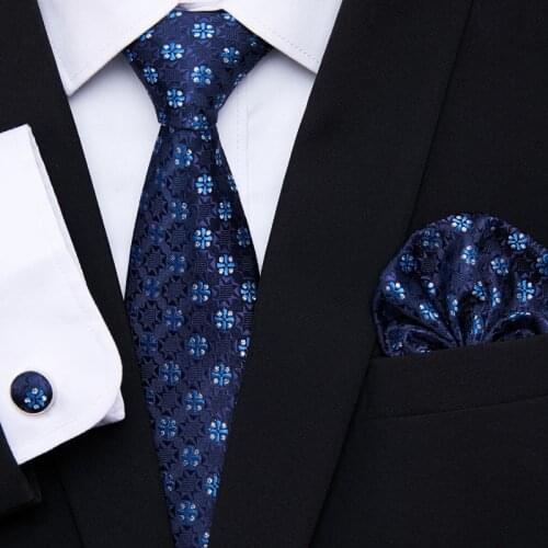Blue Floral Tie Extra Long Size Crevate Hanky Cufflinks Sets Mens 100% Silk necktie for men Formal Wedding Party