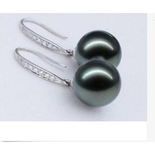 Charming 10-11mm tahitian round black green pearl earring 925s