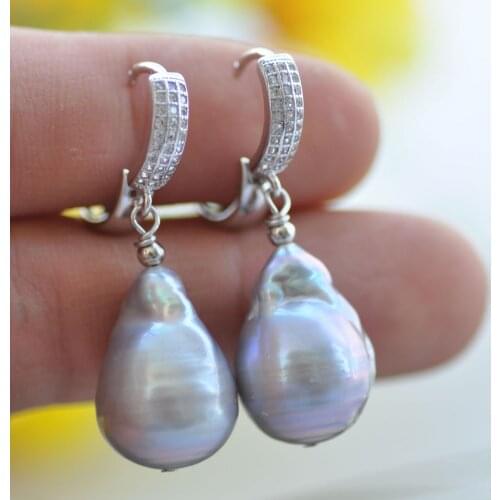 P7689 19mm Gray Baroque Keshi Pearl Dangle Earring CZ
