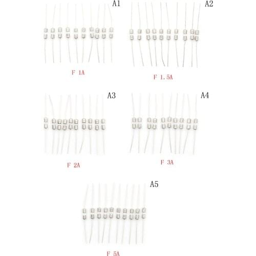 10Pcs/lot 250V Double iron cap Axial Slow Glass fuse with lead wire Mix Set 1A/1.5A/2A/3A/5A 3.6*10mm Wholesale