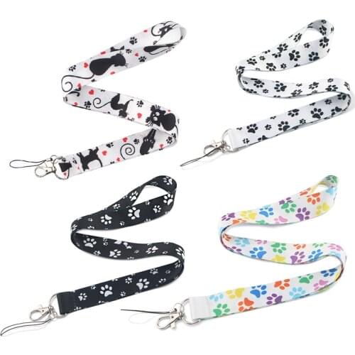 JF0080 Cute Black Cat Lanyard Dog Paw Neck Strap for key ID Card Cell Phone Straps Badge Holder DIY Hanging Rope Accessories