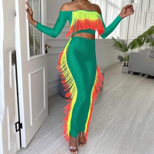 RMSFE 2021 Ladies Long Sleeve Straight Neck Fashion Casual Sexy Playful Off Shoulder Tassel Two-Piece Set