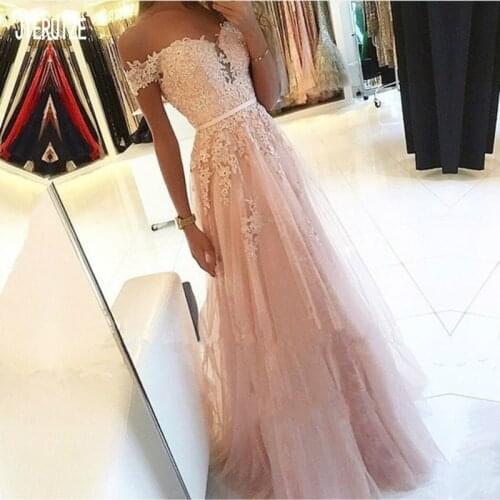 JIERUIZE Pink Bridal Dresses Off Shoulder Button Back with Sash Lace Appliqued Beaded A Line Wedding Dress Vestido De Noiva