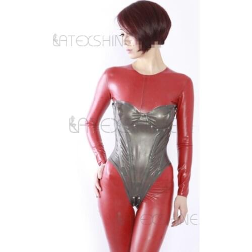 Sexy Silver Unisex Latex Rubber Corset Shaper Corsage Steel Bone Waist Trainer with Back Crotch Zipper