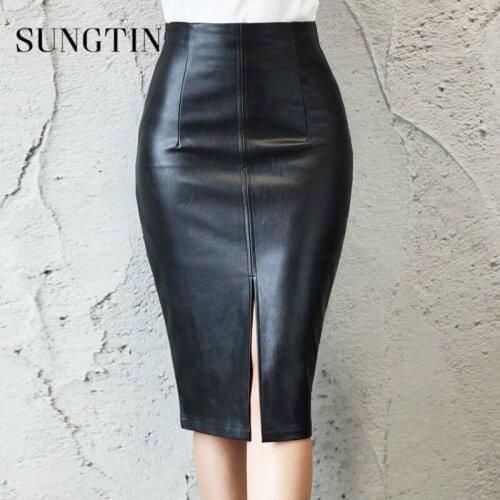 Sungtin Casual Plus Size Office Lady Bodycon PU Skirt Women High Waist Faux Leather Skirt Female Retro OL Pencil Mini Skirt 5XL