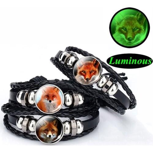 Luminous Red Fox Black Leather Woven Bracelet Animal Fox Glass Cabochon Jewelry Bangle Men Women Fashion Glowing Bracelet Gifts