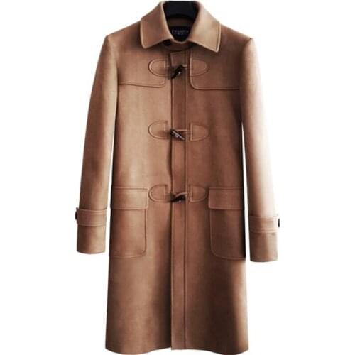 Suede mens trench coats man horn buckle medium length coat men clothes slim fit overcoat long sleeve 2021 new designer big size