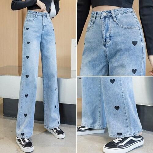 Spring and Autumn New Love Embroidered Jeans Womens Straight Leg Small Wide Legs High Waist Mopping Pants