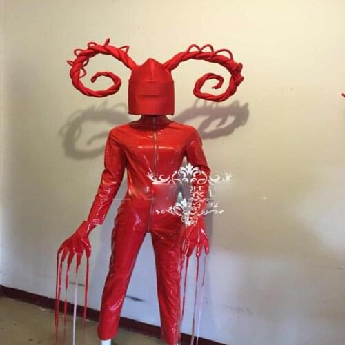 Women stage dance Halloween red weird horns costume party future cloth cosplay wear