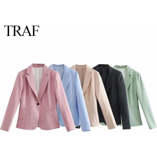 TRAF Za Womens Blazer Jacket Solid Color Fashion Simple Self-cultivation Single Button Pocket Office Female Casual Street Suit