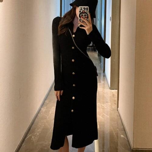 Winter Personality Female Button 2021 Korean Knitted One-piece Dress Women Casual Long Sleeve Elegant Slim Office Sweater Dress