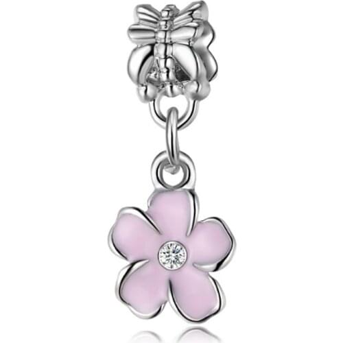 1pc European plata de ley pink blue flower hanging bead charm Charm Bracelets beads charms DGB369