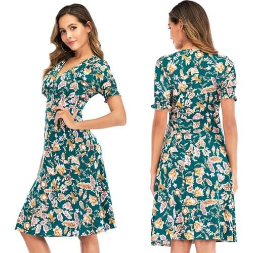 2021 Summer Sexy V-neck Print Bohemia Beach Dress Vintage Chiffon MIDI Dress Short Sleeve A-shaped Mini Dress Sun Skirt Gown